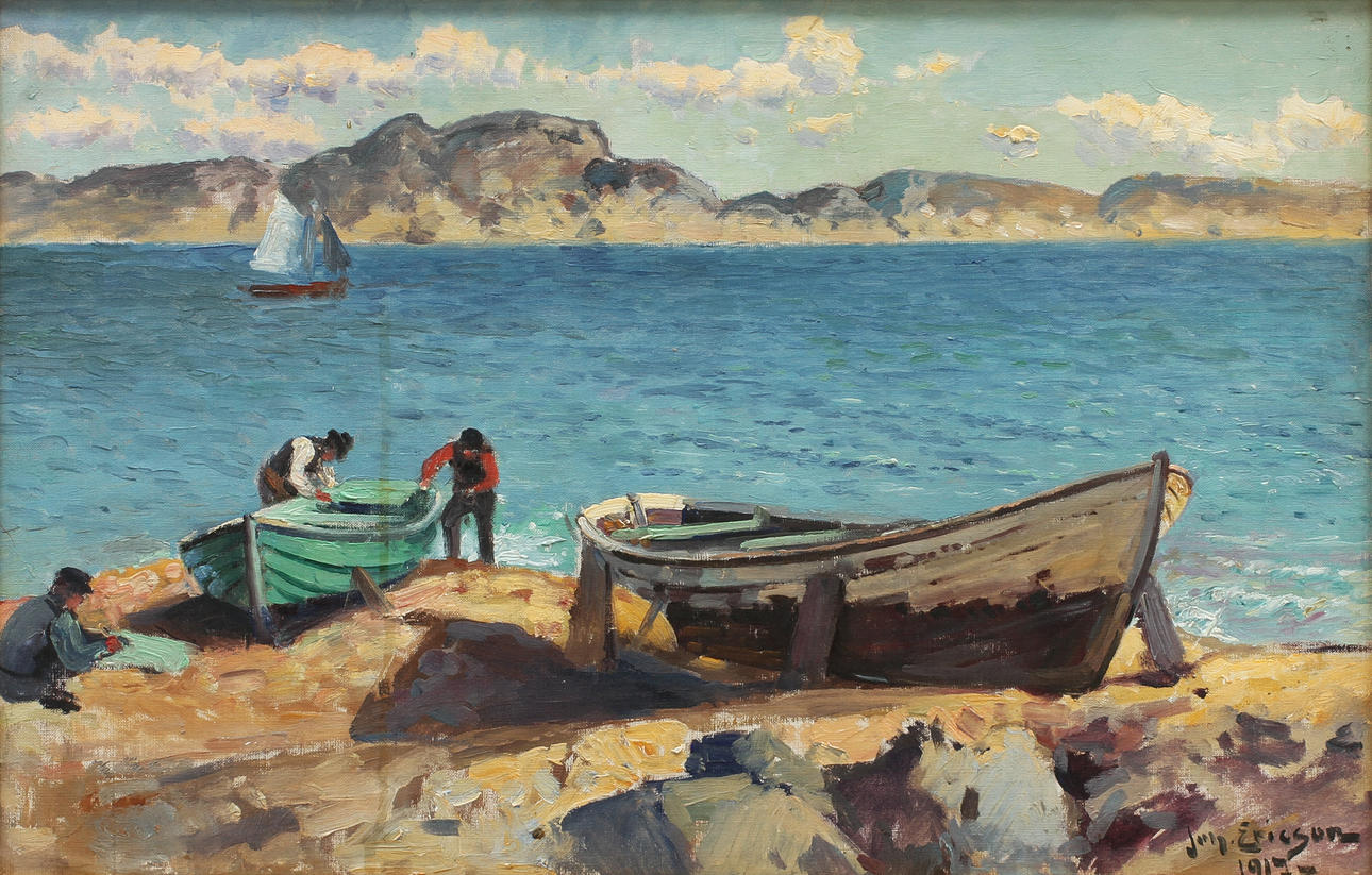 JOHAN ERICSON (1849-1925). Kustmotiv med ekor på strand. Olja på duk.