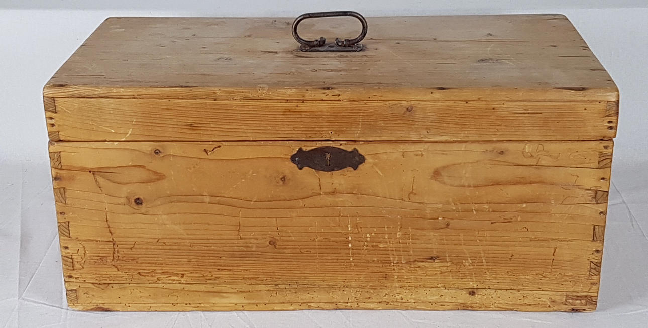 WOODEN BOX WITH METAL MOUNTINGS.