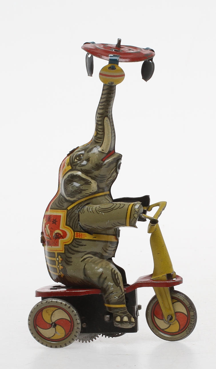 CIRKUSELEFANT i litograferad plåt GELY?, urverk.