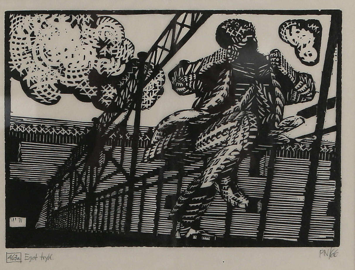 PALLE NIELSEN. Composition, linoleum cut, monogram signed, dated 66, own print.