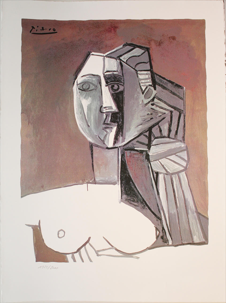 PABLO PICASSO. Kubistisk modell. Färglitografi. Signerad Picasso i trycket. 1325/2000.
