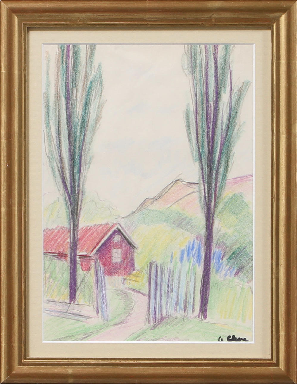 AGNES CLEVE. Rødt sommerhus, kridt, skilt.