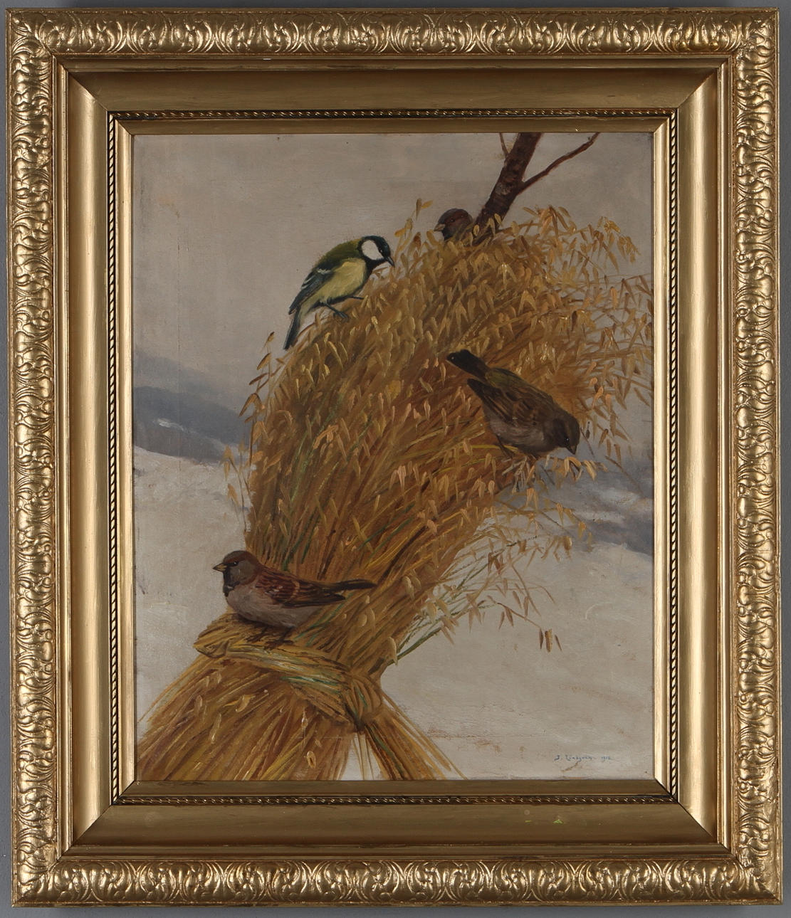 OKÄND KONSTNÄR. Fåglar i kärve, olja på duk, signerad J. Lindgren och daterad 1918.