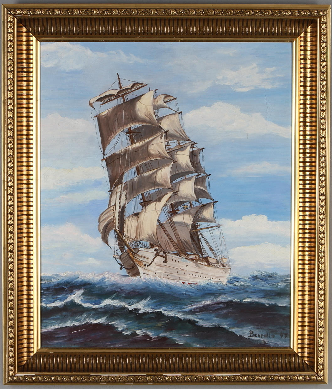OKÄND KONSTNÄR. Skepp, olja på duk, signerad Benedix och daterad -47.