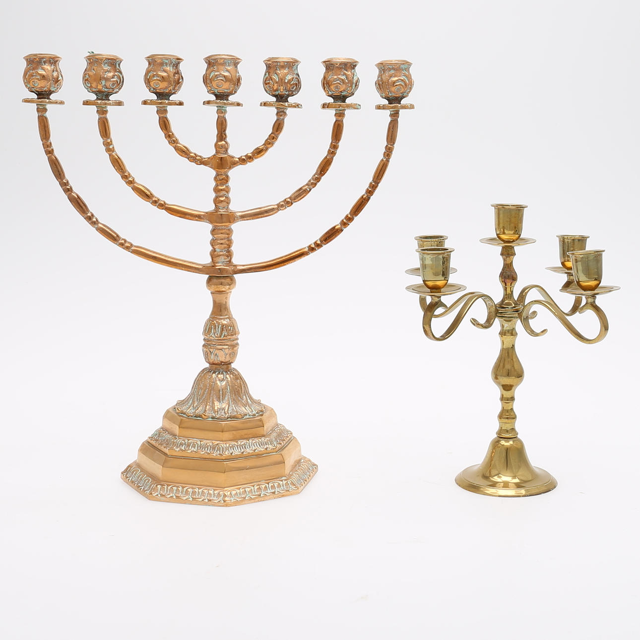 MENORA/CANDLESTICK, ore, and CANDELABER, brass, 1900s.
