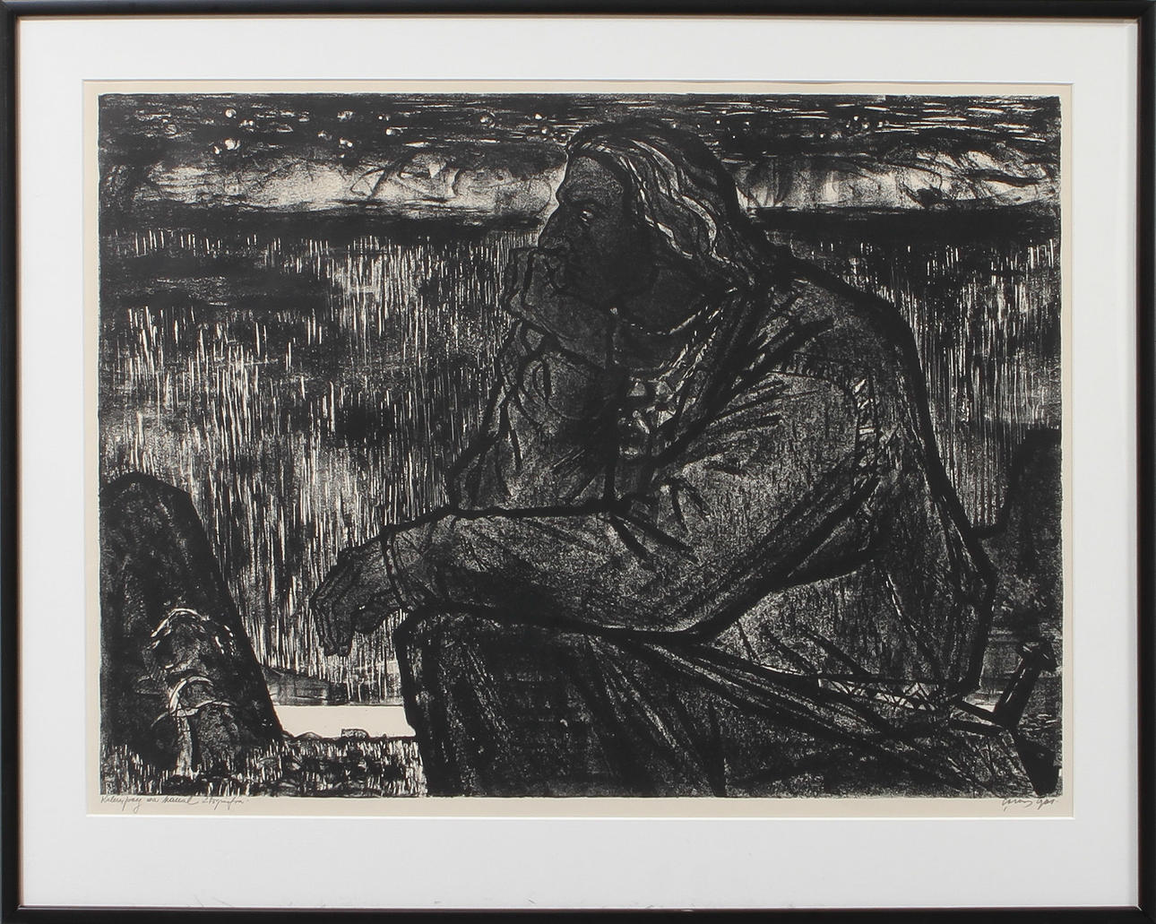 EVALD OKAS. Figure in landscape, lithograph, signed.