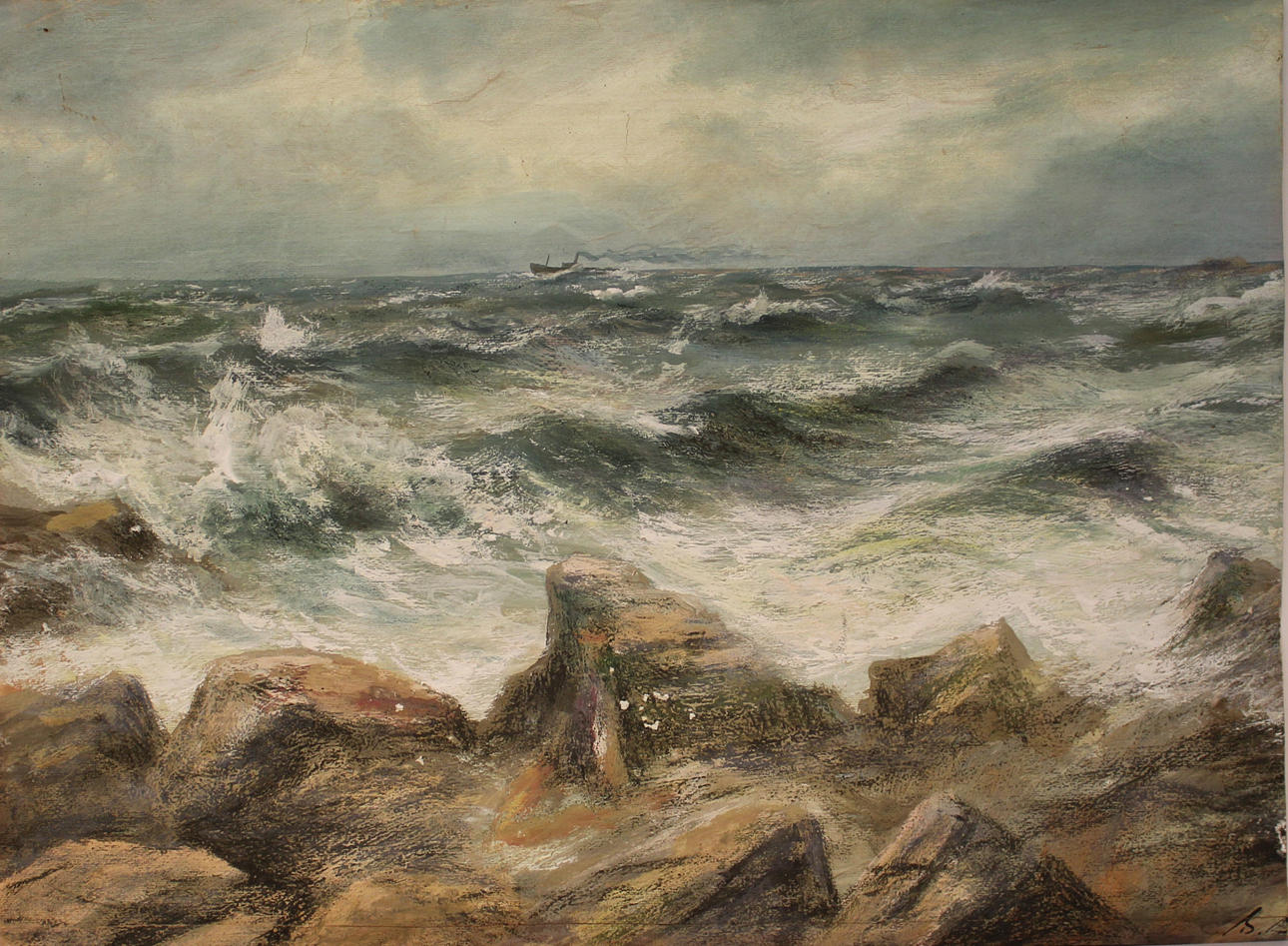 OIDENTIFIERAD KONSTNÄR. Ångbåt på ett stormigt hav. Pastell. Otydlig signatur.