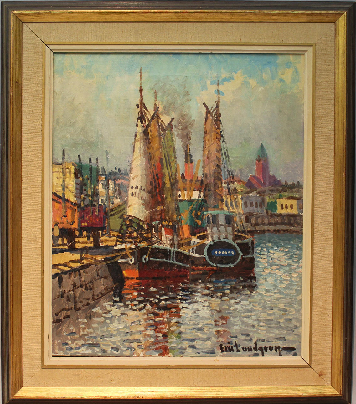 ERIC LUNDGREN. Hamnmotiv. Troligen Göteborg. Olja på duk. Signerad.