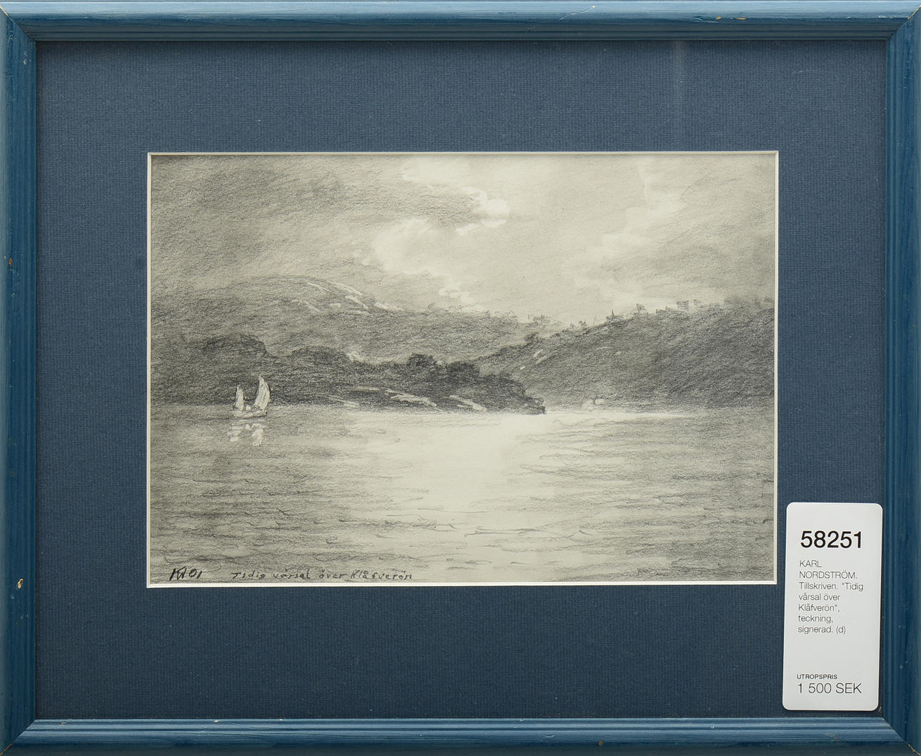 KARL NORDSTRÖM. TILLSKRIVEN. "Tidig vårsal över Klåfverön", teckning, signerad.