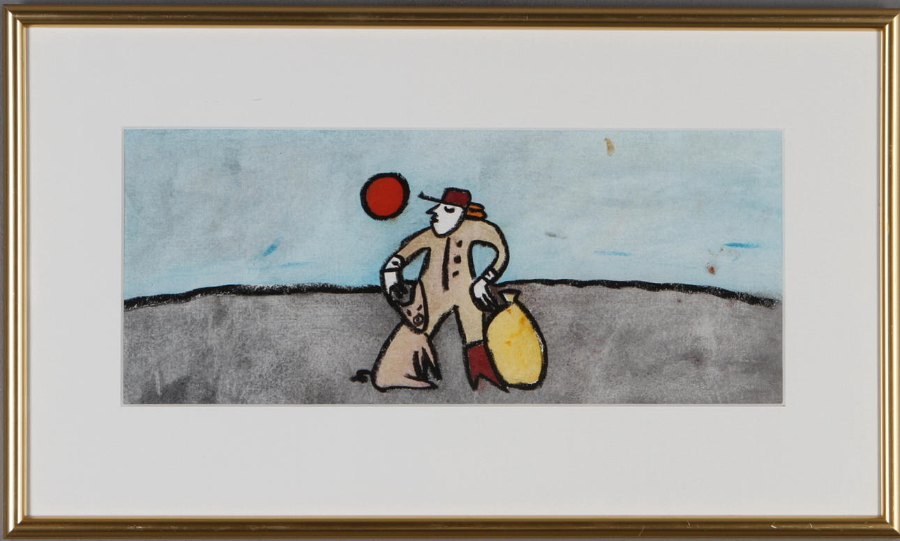 CAMILLA PYK. Man med gris, pastell och blandteknik, osignerad.