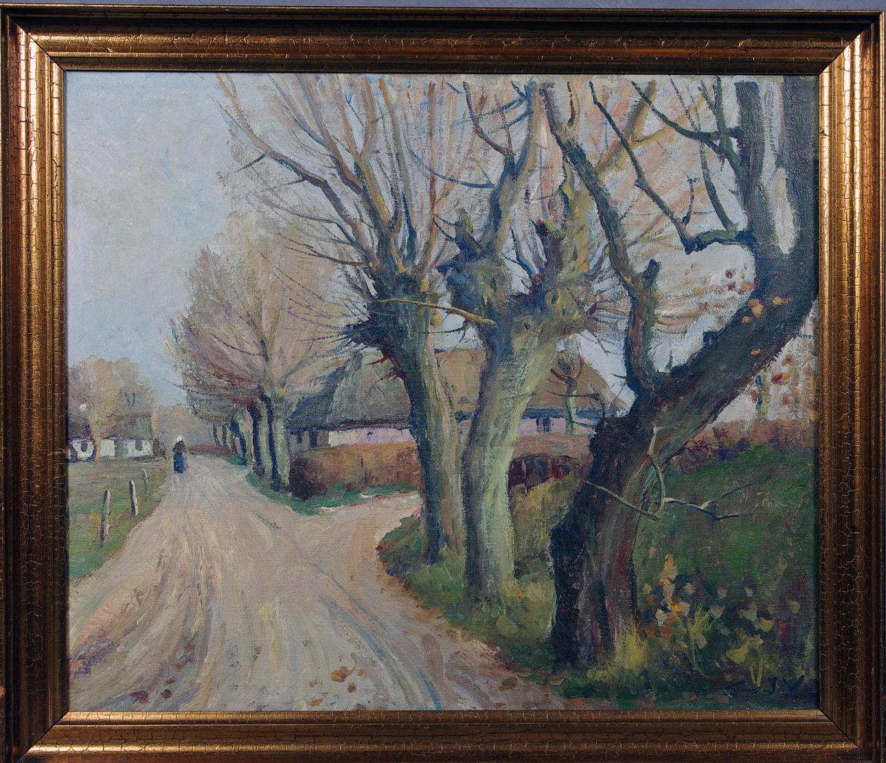 OKÄND KONSTNÄR. landsväg med hus, olja på duk. Monogramsignerad CJV.