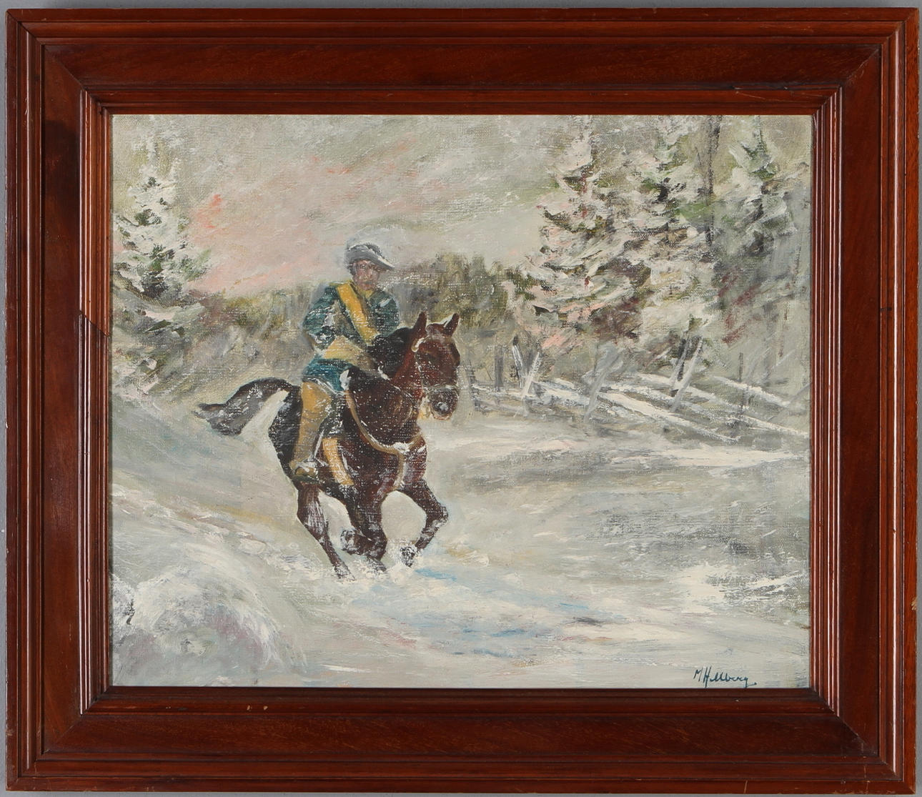 OKÄND KONSTNÄR. Karolin på vinterritt, olja på duk, signerad M Hellberg.