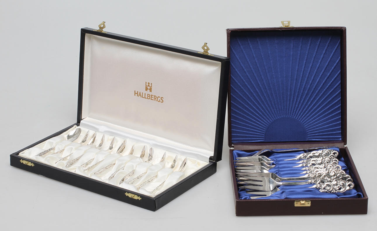 KAFFESKEDAR 12 st, DESSERTGAFFLAR 12 st, silver, Mylius, Norge.