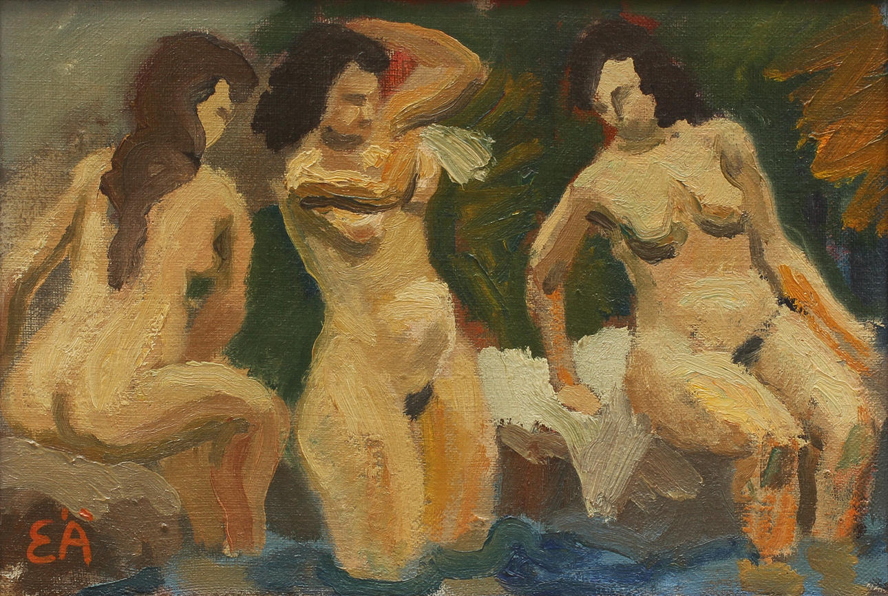 ERLING ÄRLINGSSON (1904-1982). Badande kvinnor. Olja på duk.