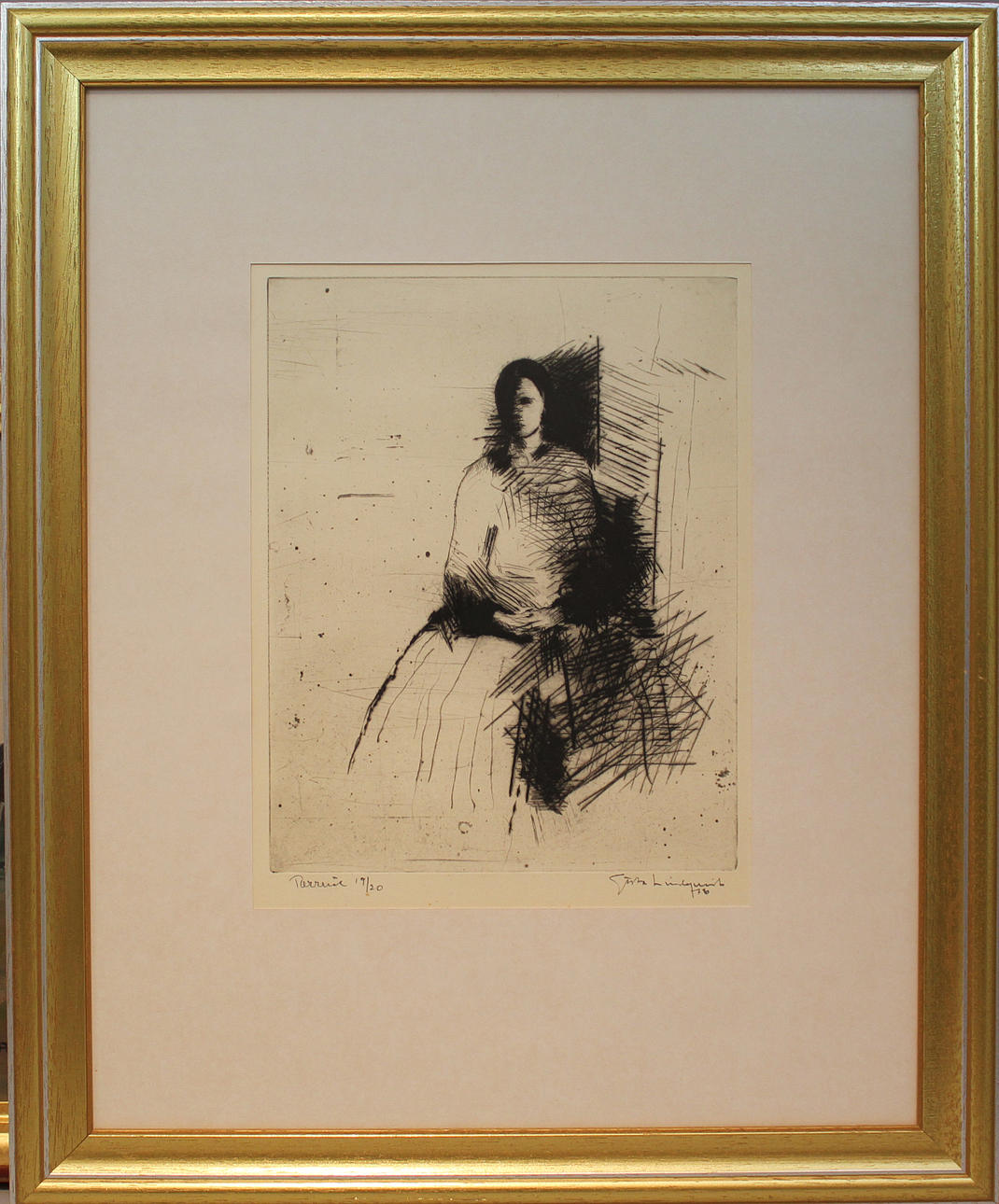 GÖSTA LINDQVIST. Sittande kvinna. Torrnål. Signerad och daterad -76. 19/20.