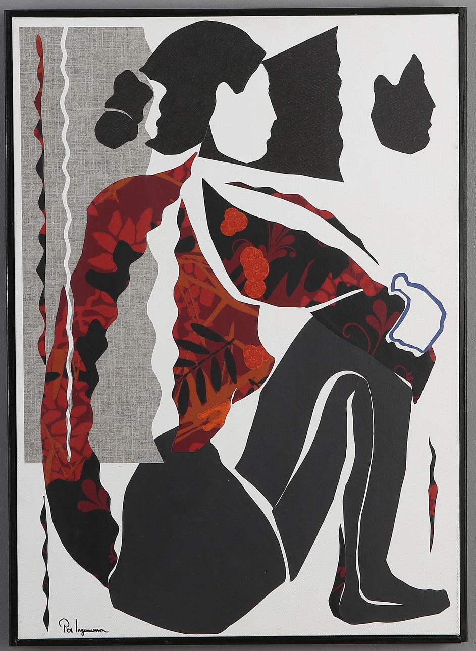 PER INGEMARSSON. Sittande gestalt, collage, signerad.