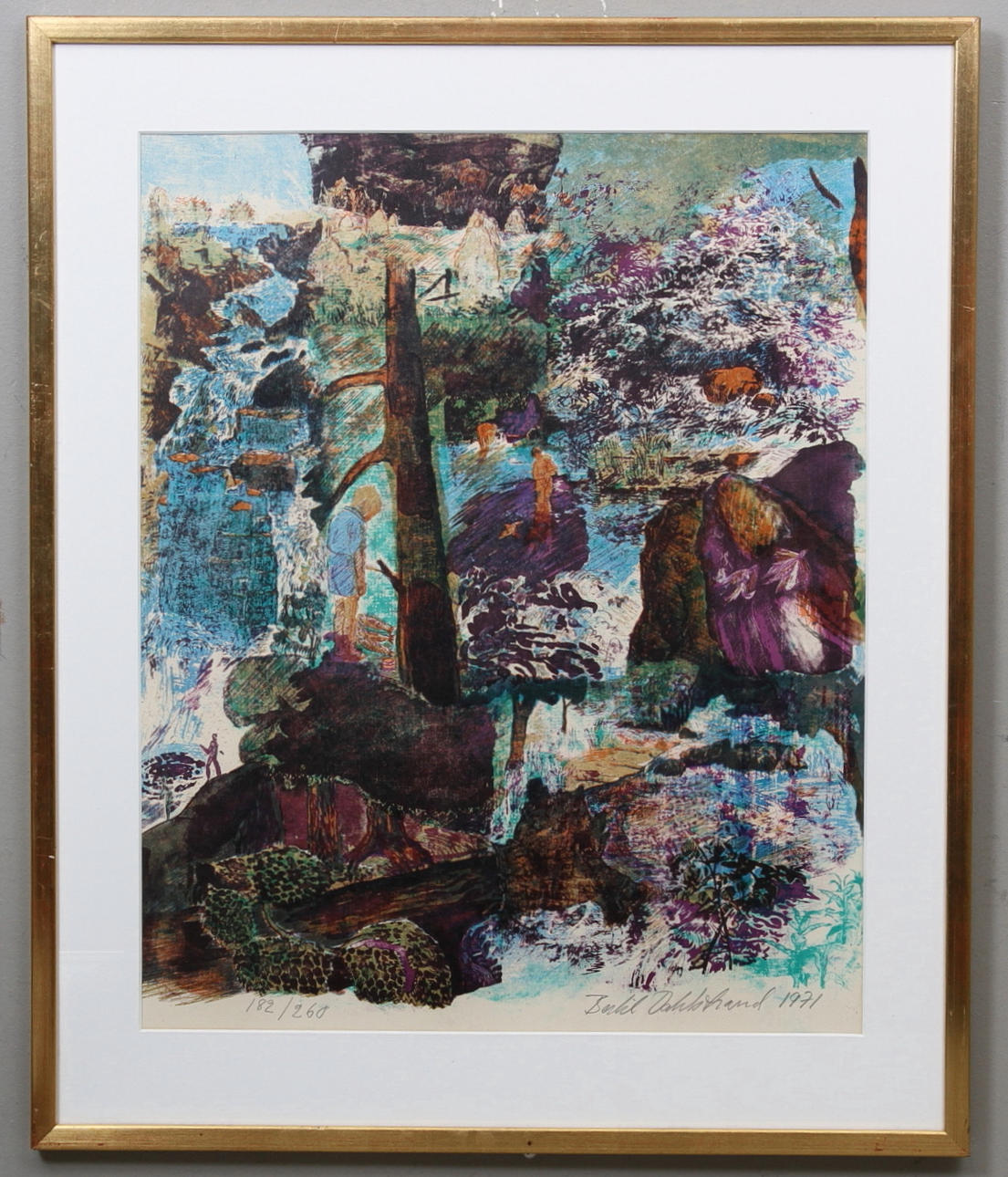 BERTIL DAHLSTRAND. Sjölandskap med badare och pojke. Färgetsning. Signerad och daterad 1971. Numrerad 182/260.