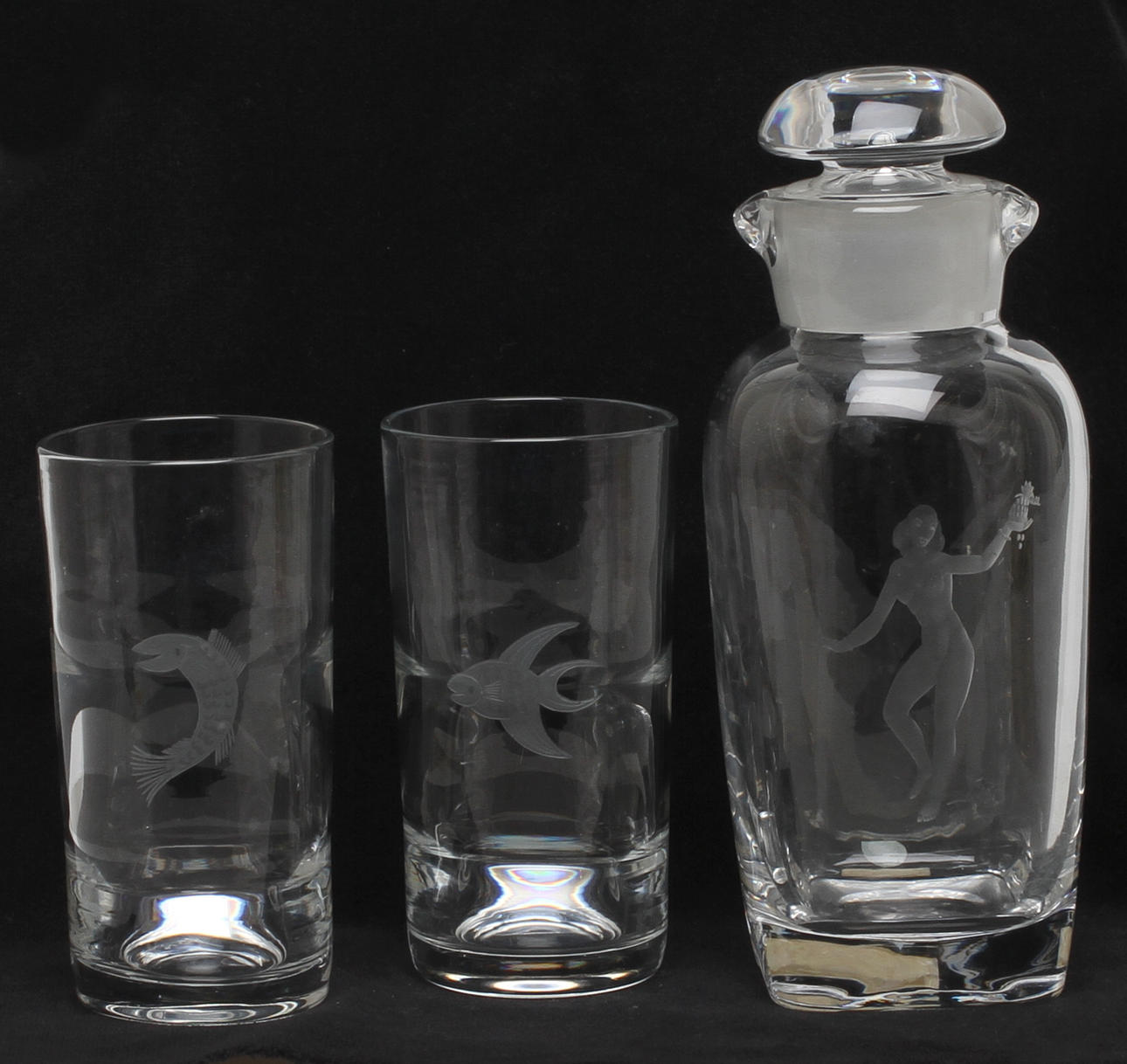 GROGGLAS, 6st, design Elis Bergh, Kosta, KARAFF, design Nils Landberg, Orrefors, glas, 1900-tal.