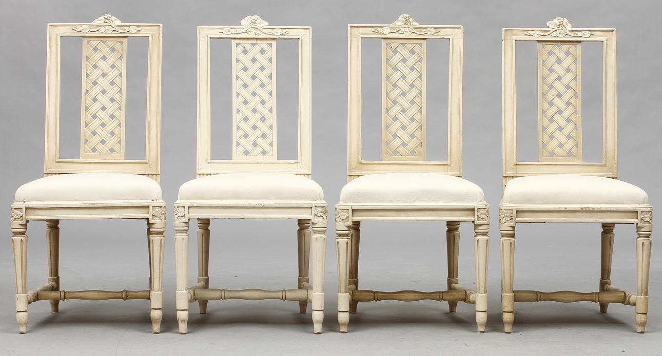 STOLAR, fyra stycken snarlika, gustavianska, Johan Melchior Lundberg dä, Stockholm (stolmakare 1774-1812/16).