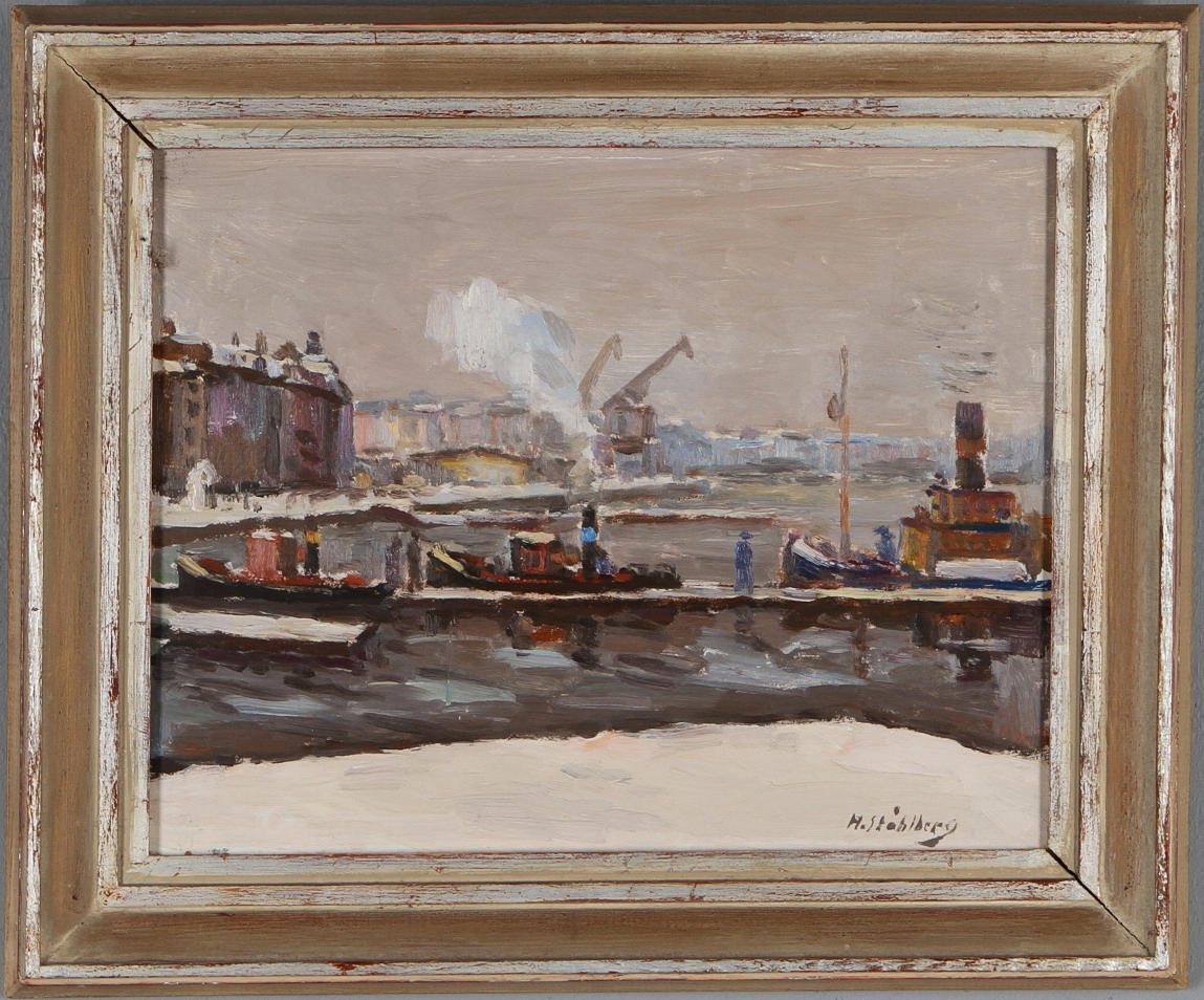 HENNING STÅHLBERG. Motiv mot Skeppsbron, olja på pannå, signerad.