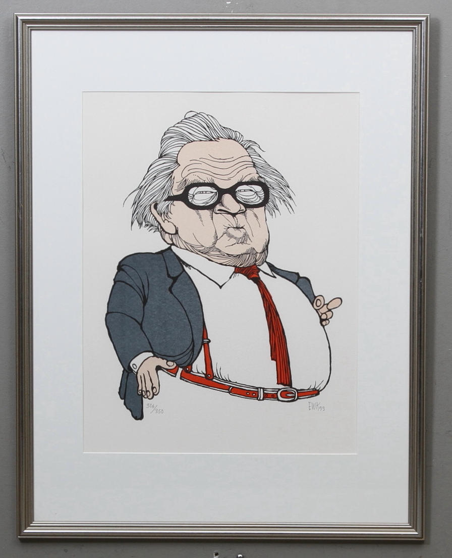 EWERT KARLSSON, EWK. Karikatyr av Gunnar Sträng. Färglitografi. Monogramsignerad och daterad 93. Numrerad 306/350.