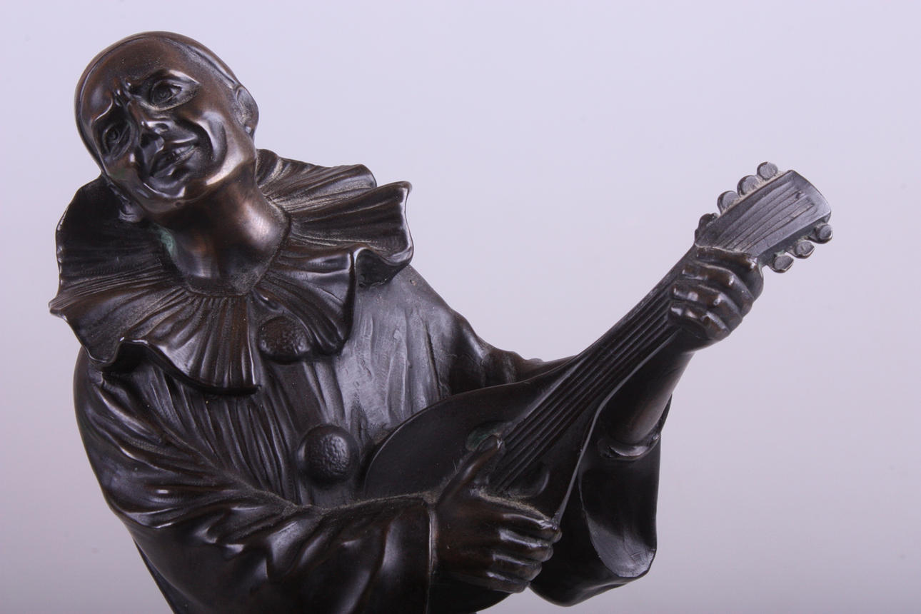 FIGURINE, cast metal on marble slab, troubadour.