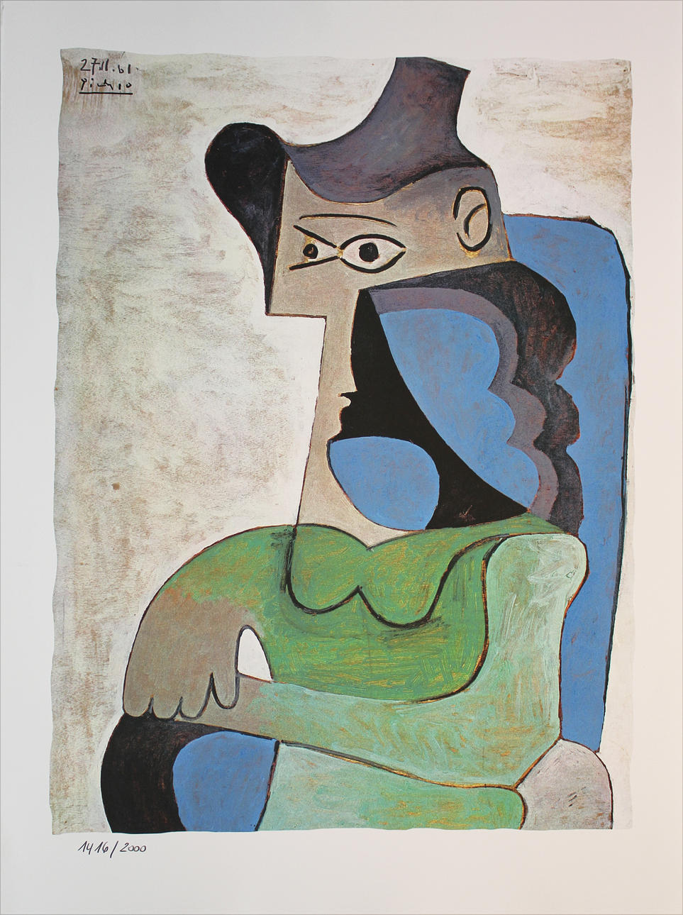PABLO PICASSO. EFTER. Femme assise au chapeau. Färglitografi. Signerad Picasso och daterad 27.11.61 i trycket. 1416/2000.
