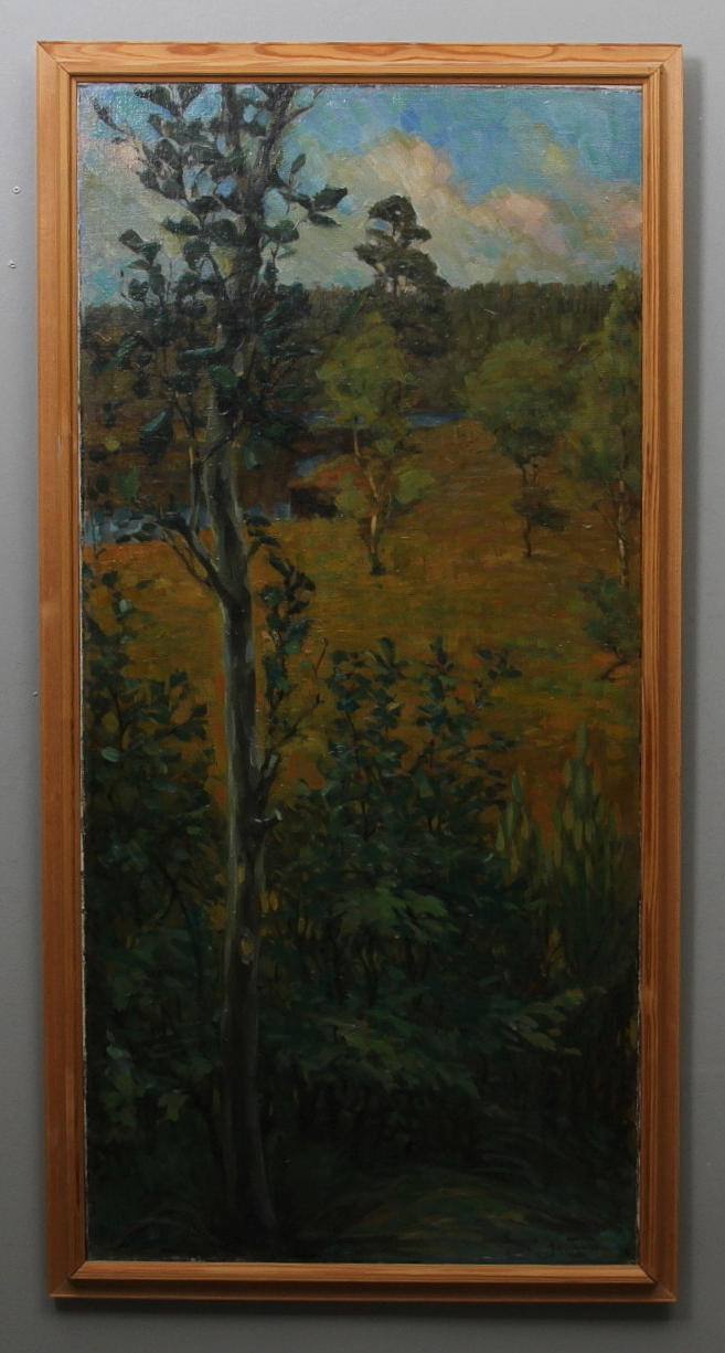 JOSEF ÖMAN. Skogslandskap med skärgårdsvik. Olja på duk, uppklistrad på pannå. Signerad och daterad 1916.