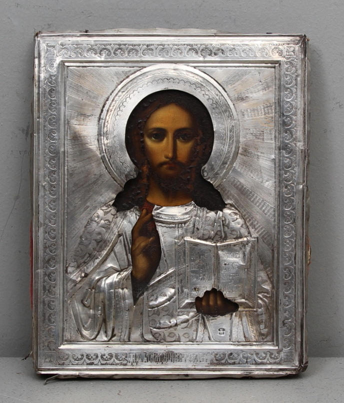 IKON MED RIZZA, silver, bär ryska stämplar, 1800-1900tal.