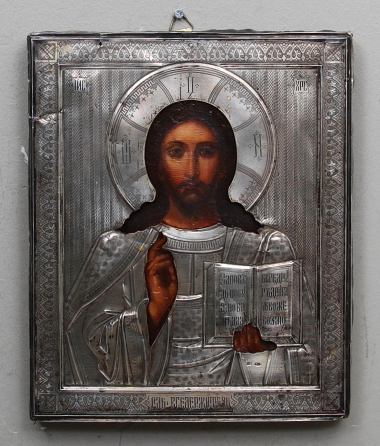 IKON MED RIZZA, silver, bär ryska stämplar, 1800-1900tal.