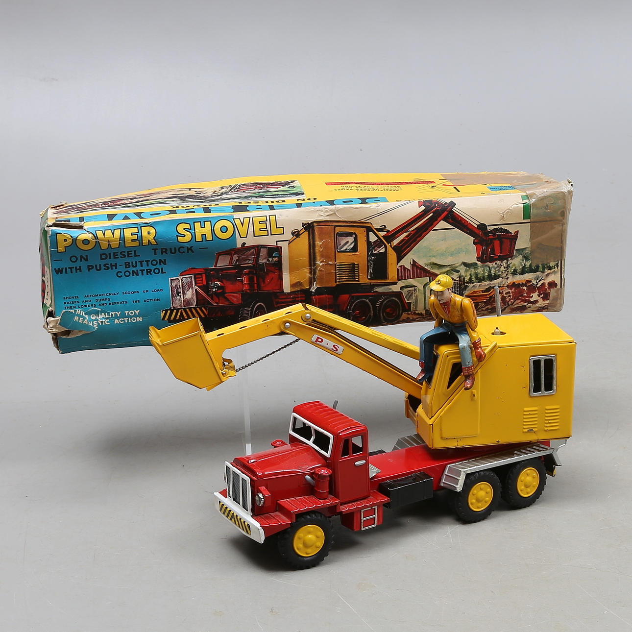 TRUCK with BUCKET SSS Japan, sheet metal. Clockwork. Original box. Toys ...