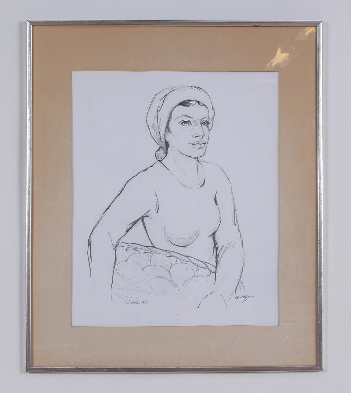 AXEL OLSSON. pencil drawing, lemon harvest, signed.