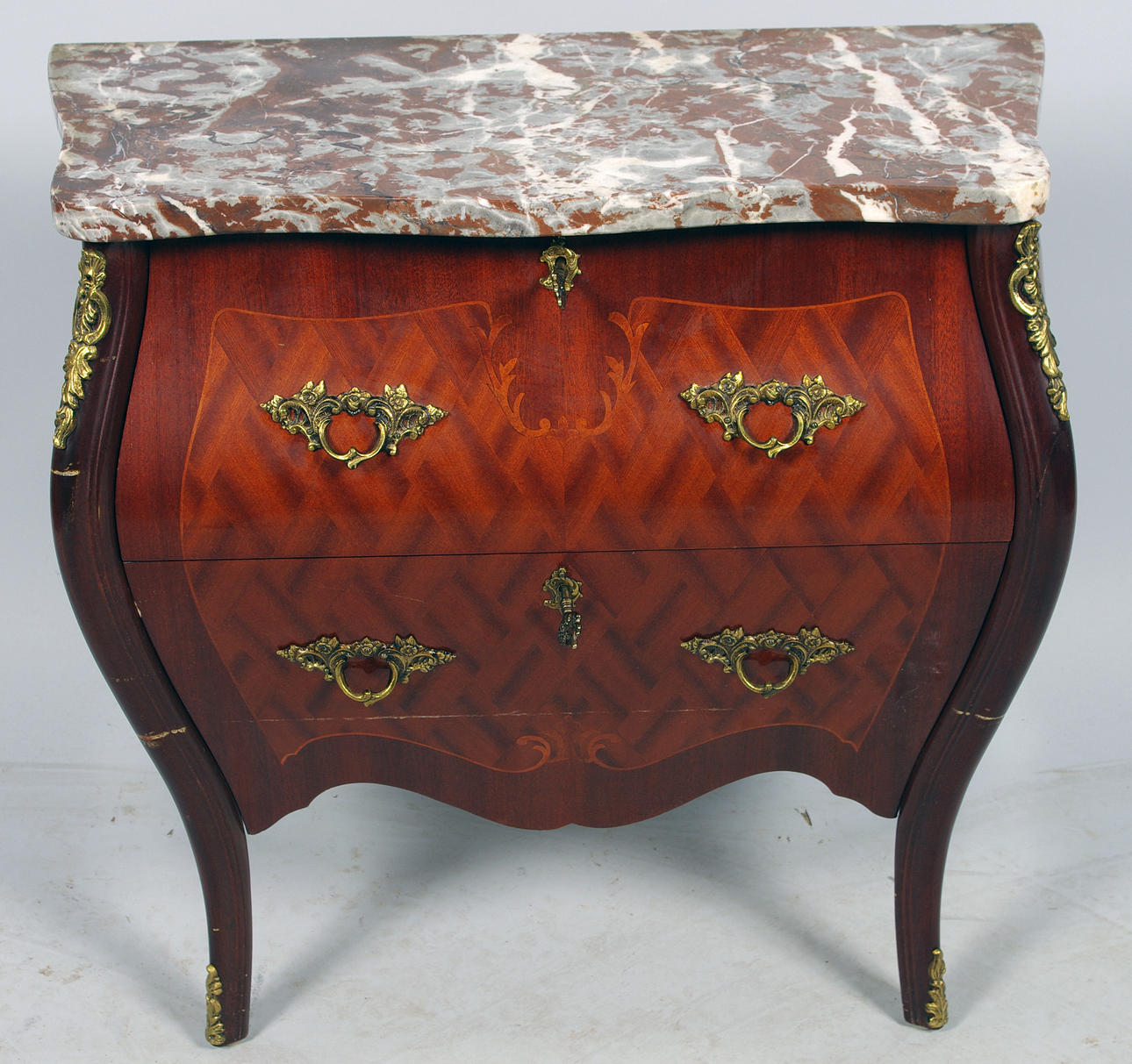 BYRÅ med stenskiva, 2-lådig, mahogny, intarsia, bronser, rokokostil.