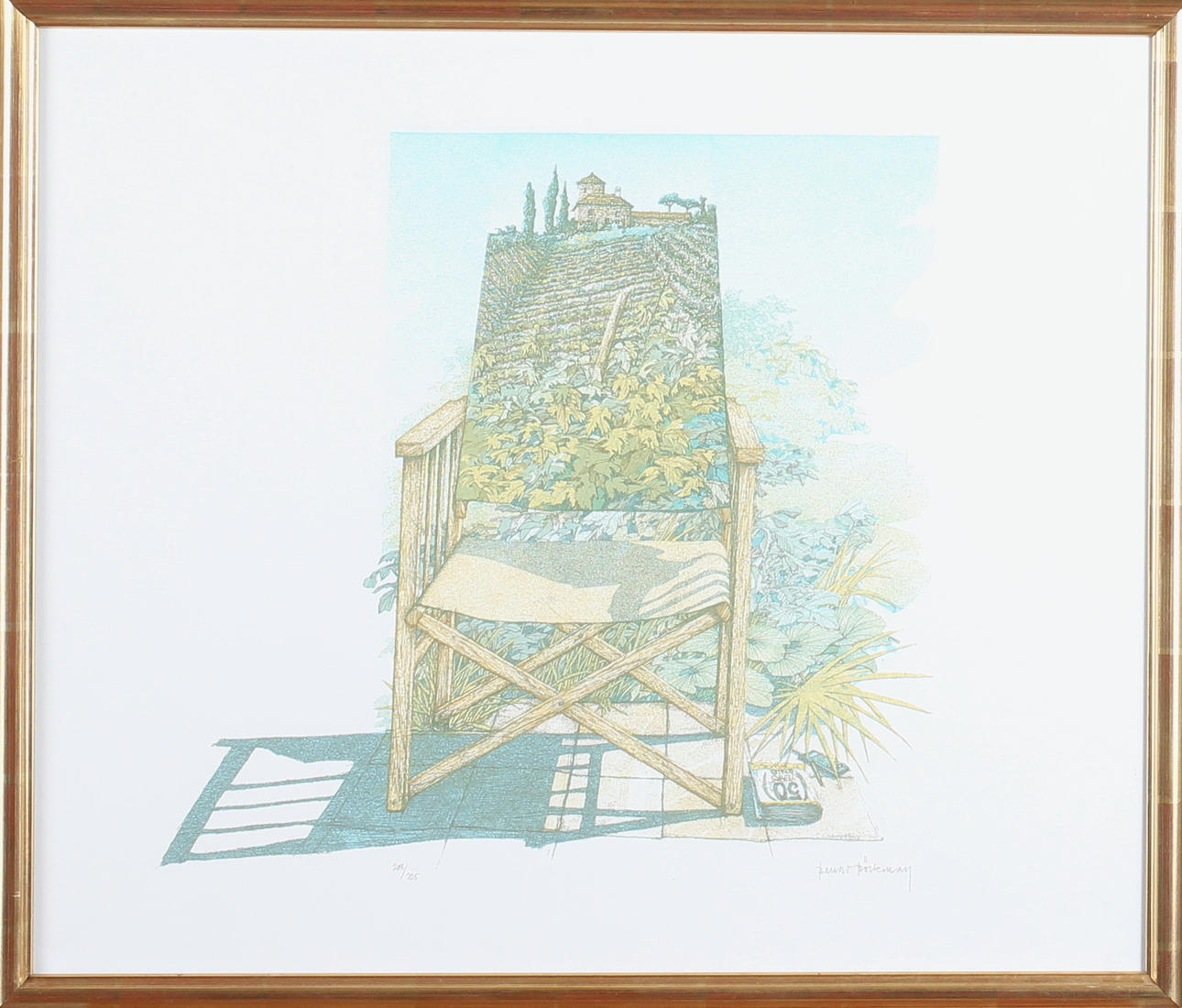 BERNT BÖCKMAN. Landscape motif with chair, color lithography, signed and numbered 208/225.