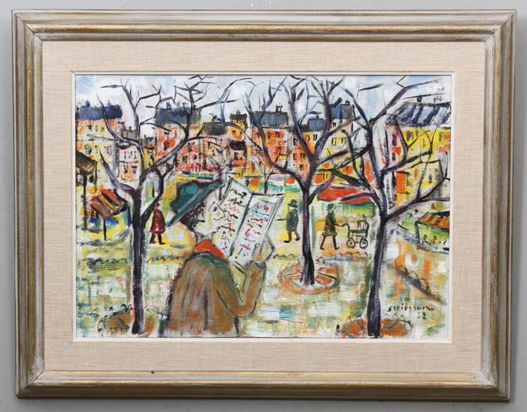 SIGWARD WIDEGREN. 2 st, stadsmotiv i park samt stadsbild Linköping, olja på pannå, signerad S Widegren samt daterad 52.