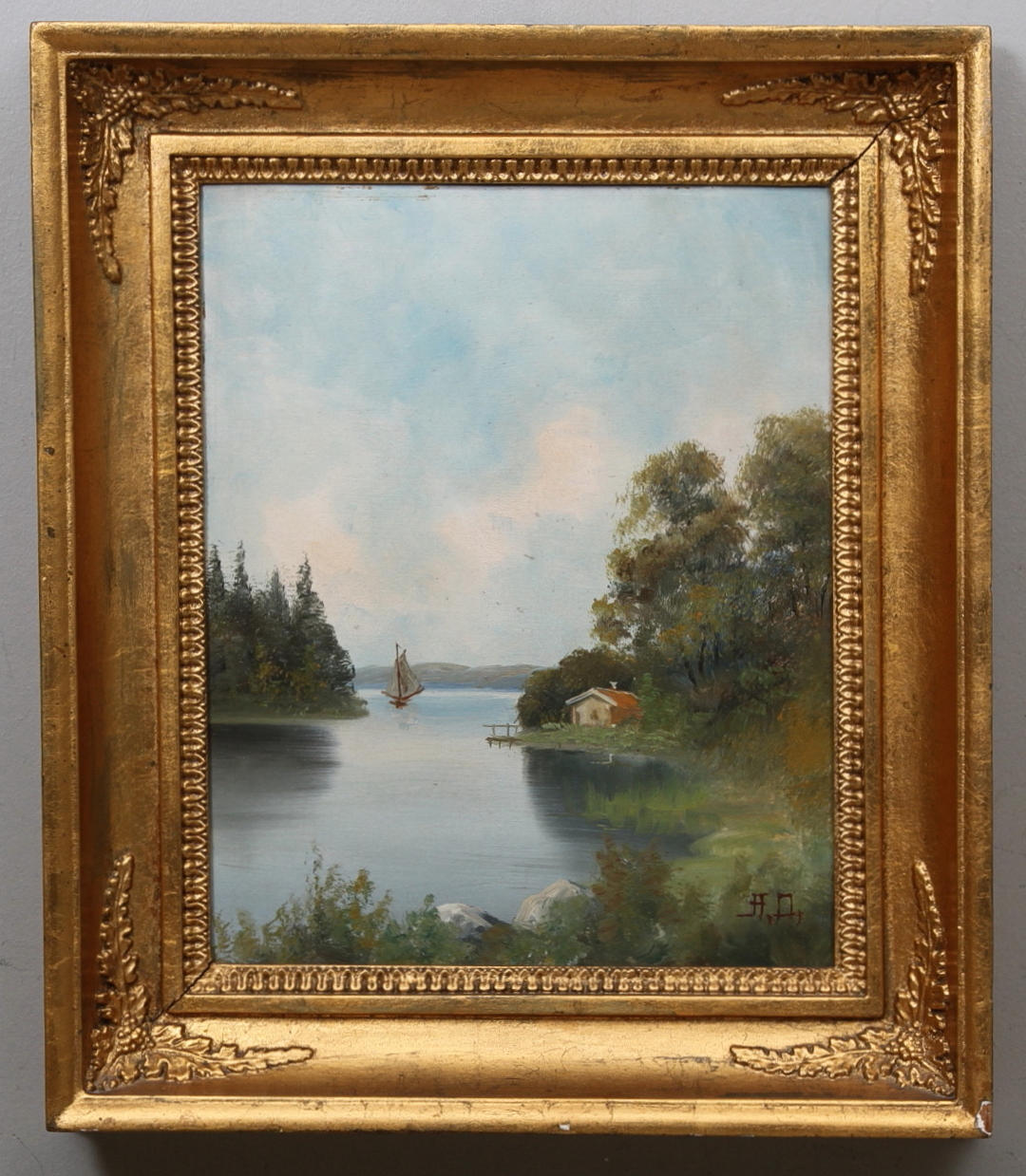 A.DAHL. 2 st, stuga vid sjö samt slottsvy, olja på pannå, monogramssignerade A.D.