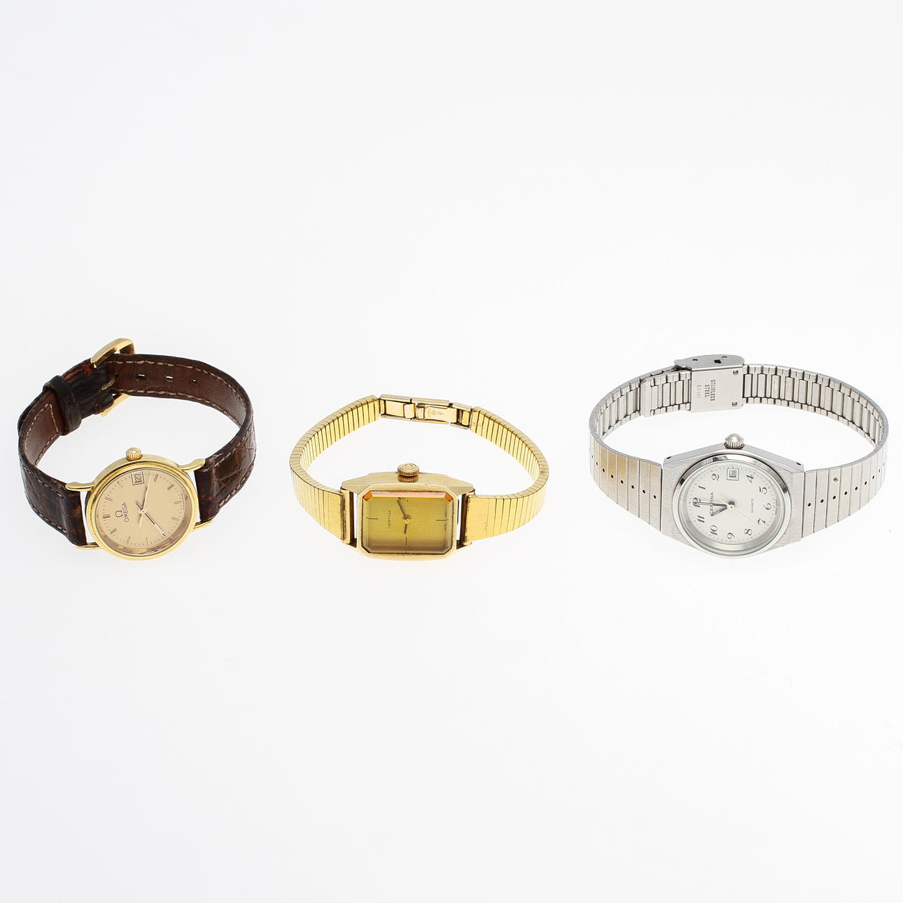 DAMARMBANDSUR, 3 st , 2 Certina samt 1 Omega med 18k guld.