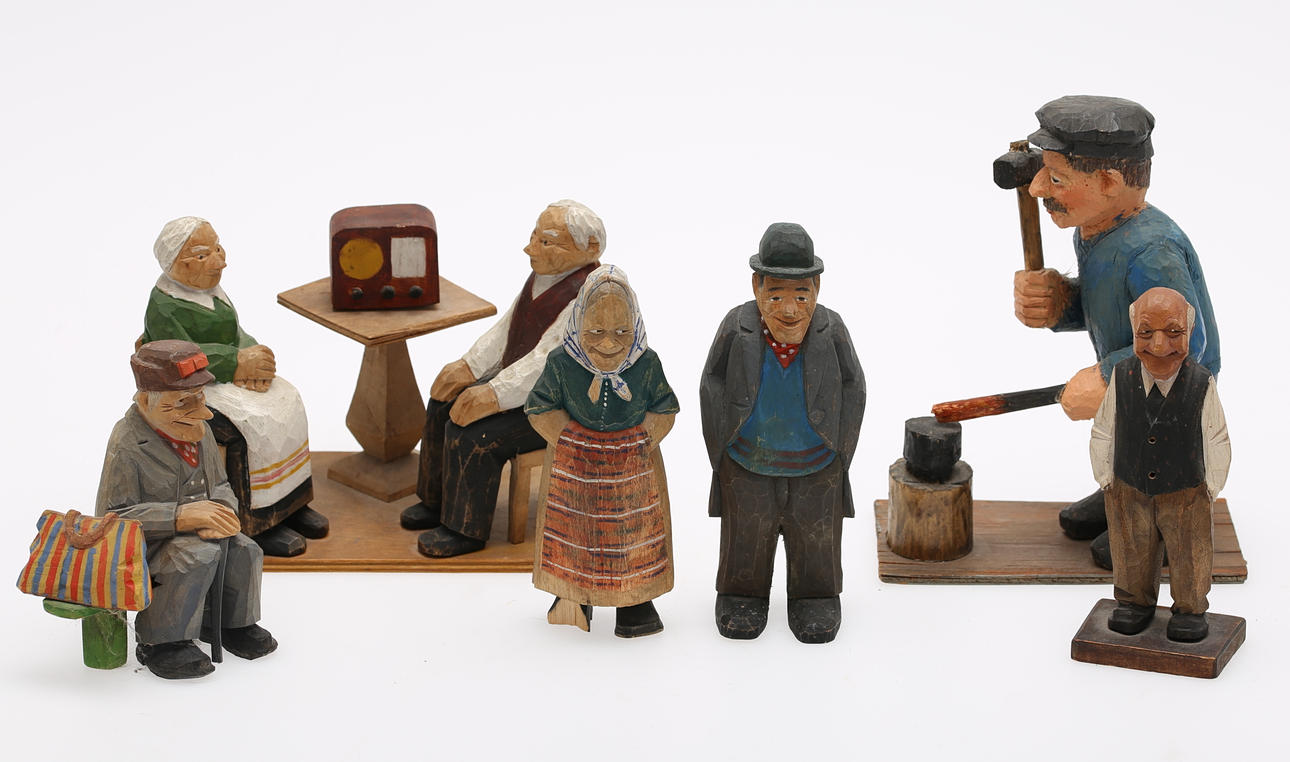 TRÄFIGURER, 6 st. bl.a C.O Trygg, 1900-tal.