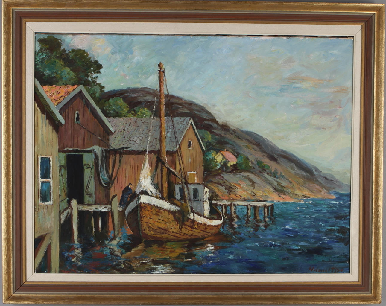 OKÄND KONSTNÄR. Fiskehamn, olja på duk, signerad.