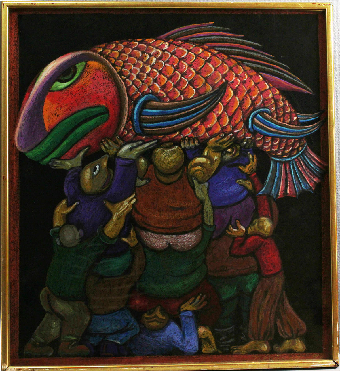 PETER REICHET. Fiskare bär upp en fisk. Pastell. Ryssland. Signerad och daterad -90.