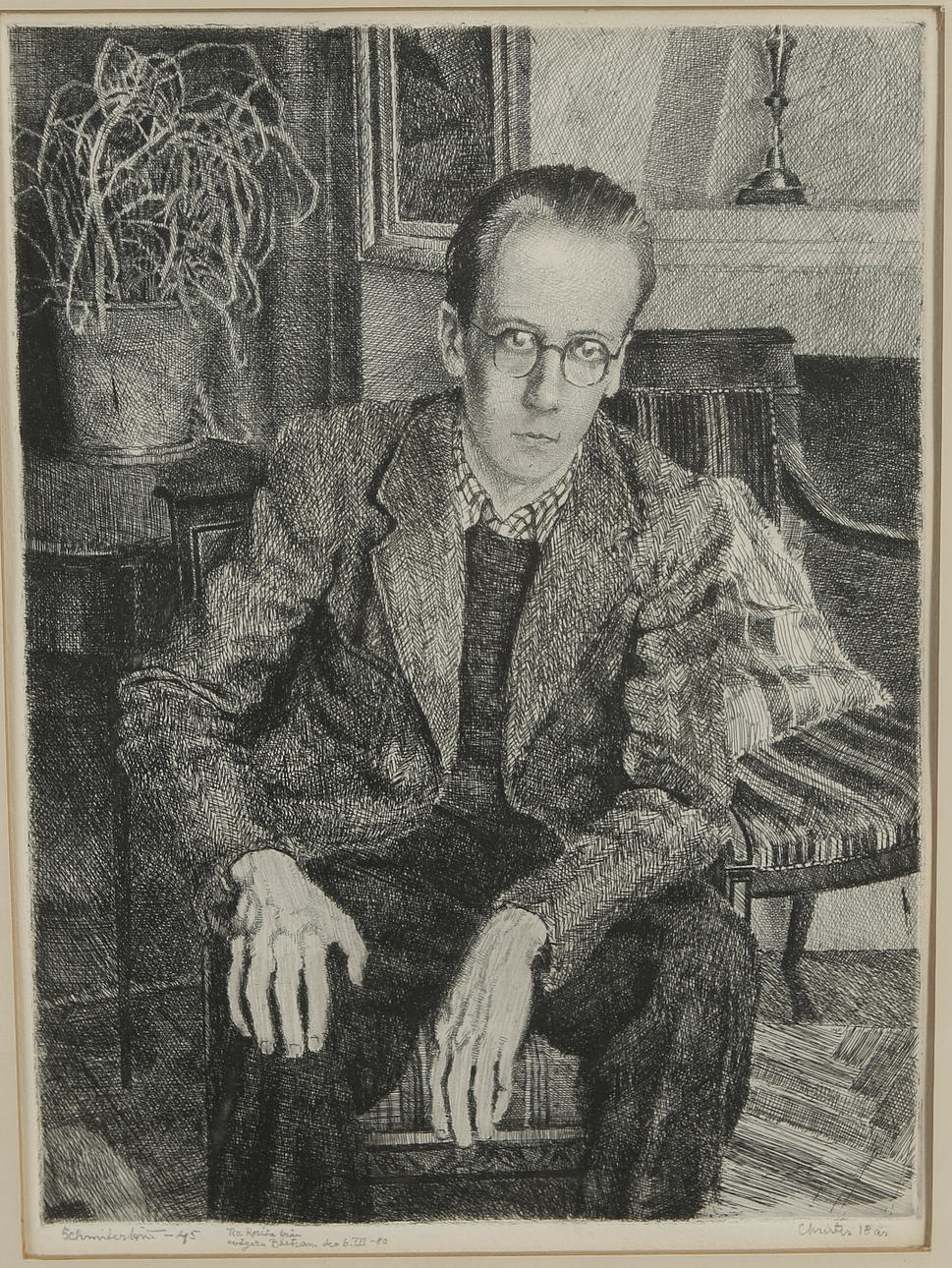 BERTRAM SCHMITERLÖW. "Christer, 18 years", etching, signed and dated -45, with dedication.