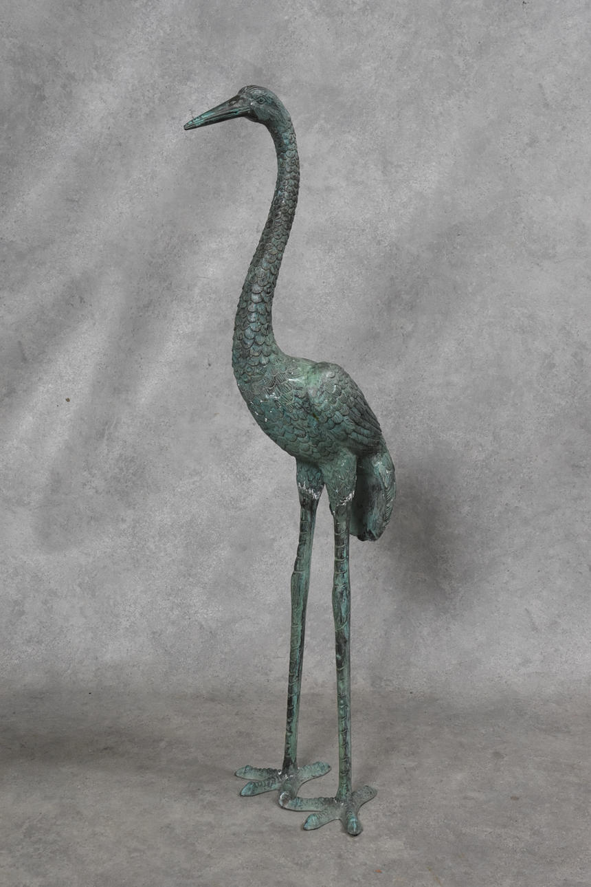 GARDEN SCULPTURE, "Crane" patinated bronze.