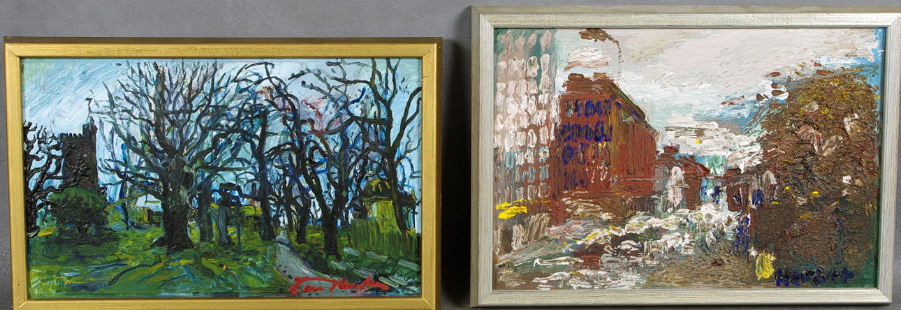 LARS HERDER. 2 tavlor, Helsingborgsmotiv, olja på pannå.