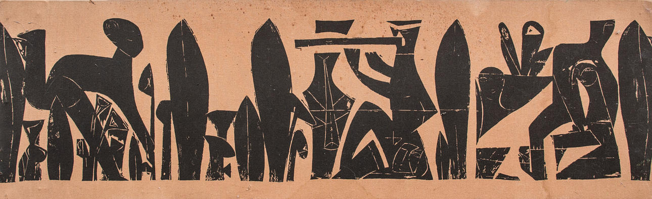 HAP GRIESHABER. Holzschnitt auf Stoff aufgezogen.