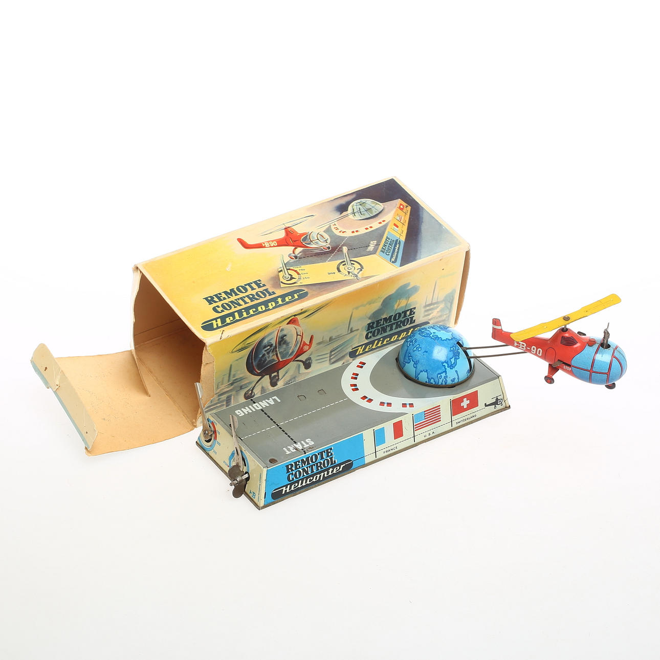 BILLER-BAHN Helicopter Remote Control, clockwork, original box, Western Germany.