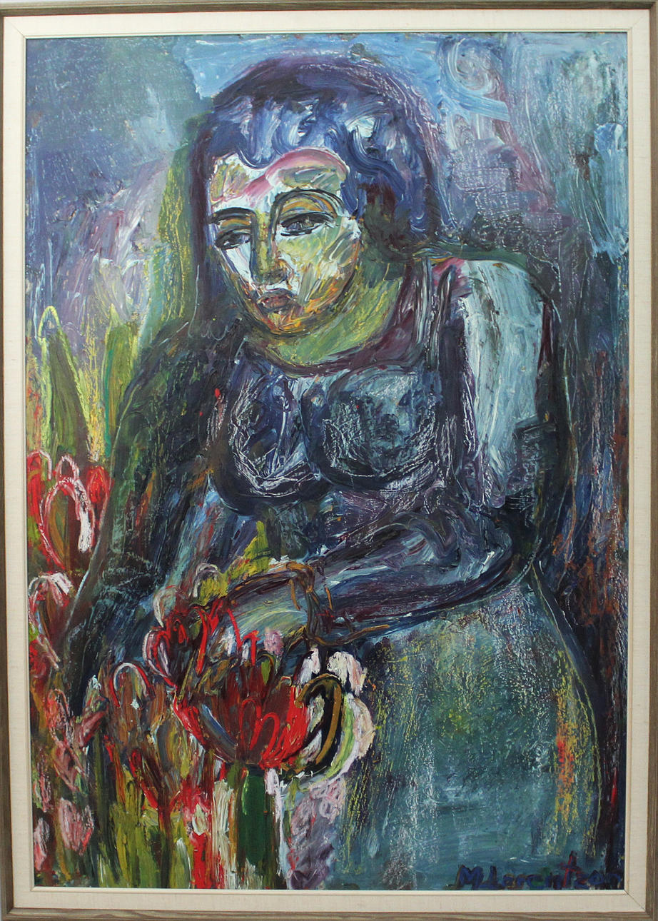 MONICA LORENTZON. Kvinna vid blommor. Olja på pannå. Signerad M Lorentzon.