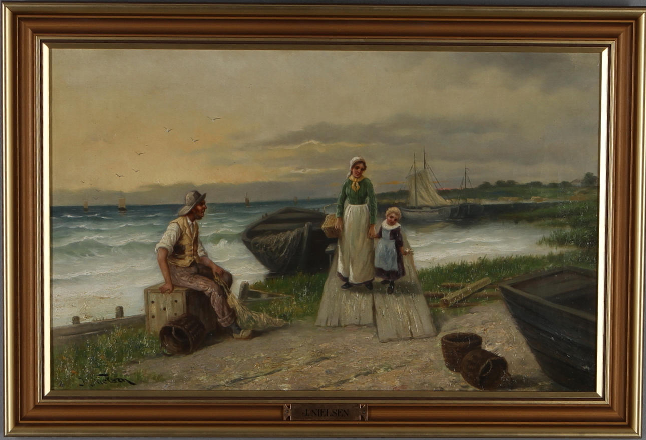 OKÄND KONSTNÄR. Motiv med fiskarfamilj, olja på duk, signerad J. Nielsen.