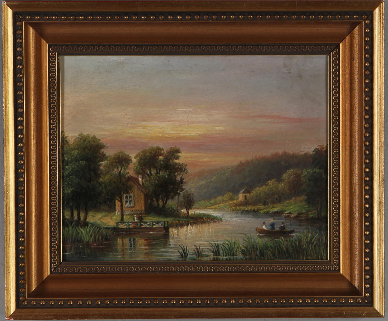 OKÄND KONSTNÄR. Insjölandskap med stuga, olja på pannå, osignerad.