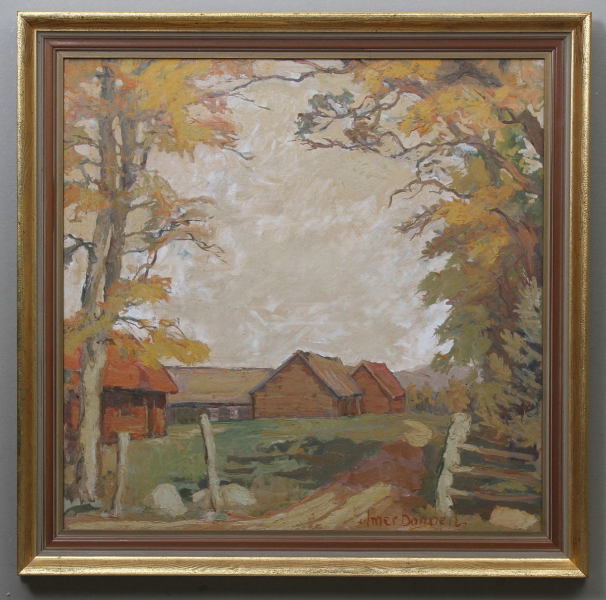 FOLMER BONNEN. Höstlandskap med gård. Olja på pannå. Signerad.