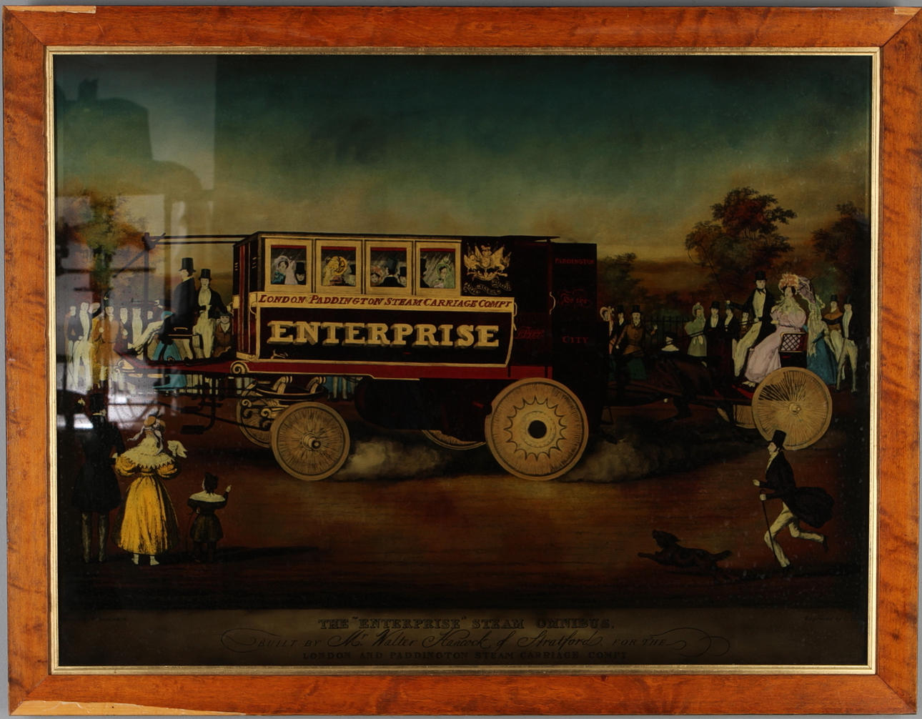 TAVLA, "The *Enterprise* Steam Omnibus", bemålat tryck, 1800/1900-tal.